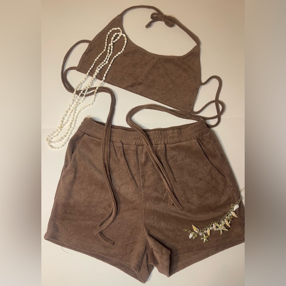XL Fashion Nova brown comfy after swim set. Shorts have pockets NWOT